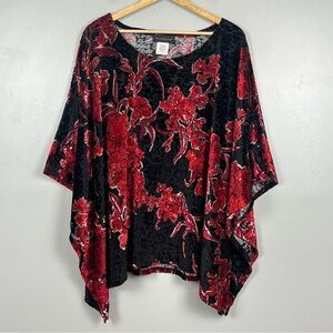 Travel Elements red & black velvet burnout poncho style blouse top, size 2X.
